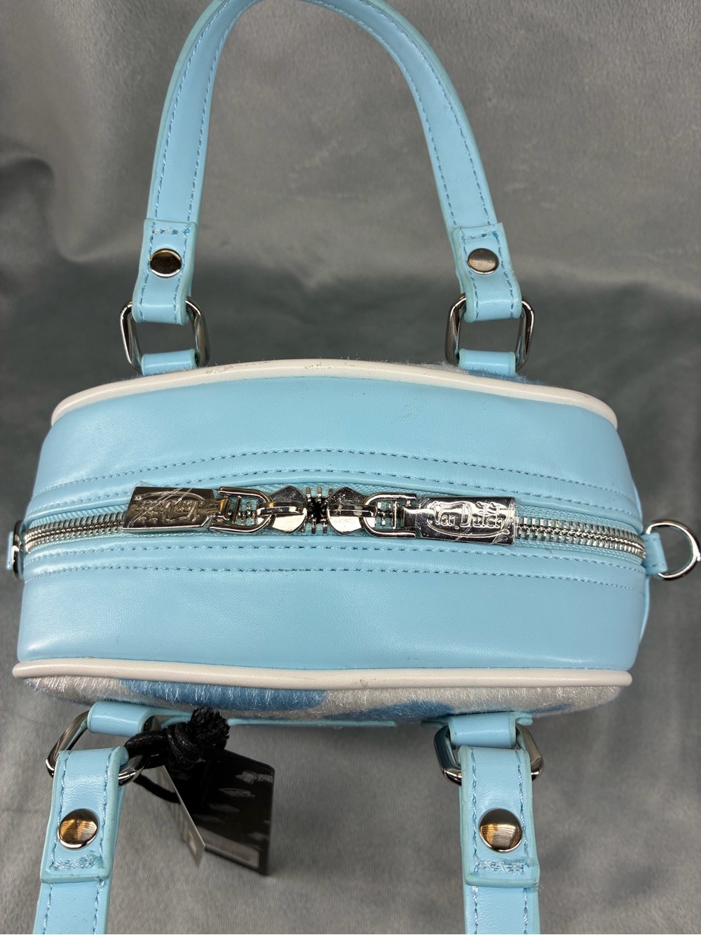 Von Dutch Light Blue & White Cowprint Mini Satchel with Yellow Logo - Picture 3 of 6